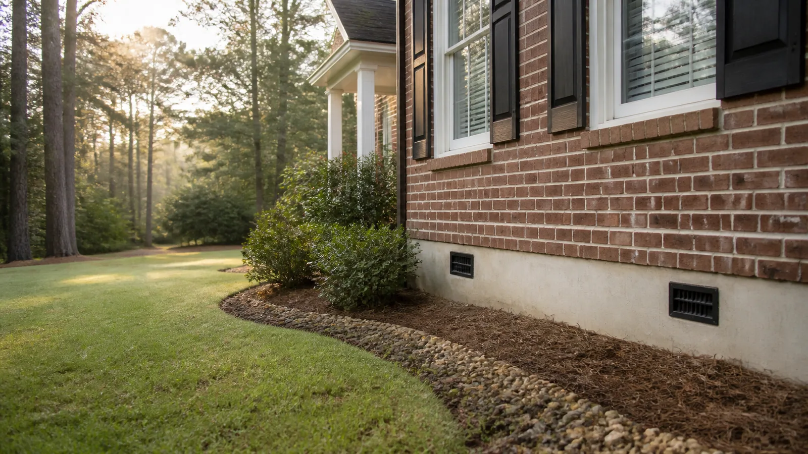 Brick home exterior with the foundation line and surrounding drainage visible